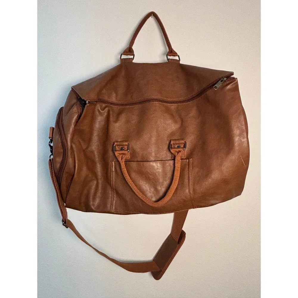Seyfocnia Brown Faux Leather Duffle Bag Travel Weekender Gym Bag Shoe